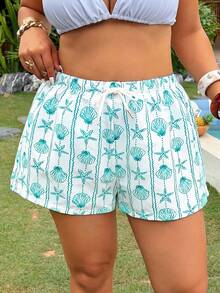 Swim Vcay Plus Size Summer Beach Vacation Shell Starfish Print Drawstring Waist Cover-Up Shorts White Tropical Safari - Multicolor - View 3