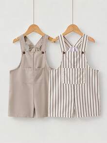 SHEIN Casuvi Kids 2件裝小男孩休閒條紋吊帶褲，適合夏季日常休閒穿著 - 卡其色 - 查看 3