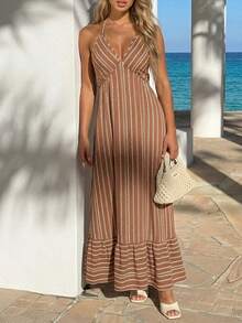 Livesso Women's Vacation Casual Boho Brown Stripe Backless Halter Neck Swim Dress Summer Beach - Brown - View 1