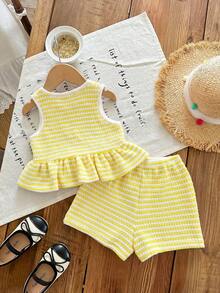 Conjunto de 2 piezas de top de tirantes de cuello redondo a rayas de punto y pantalones cortos para bebé niña - Mostaza Amarilla - Ver 2
