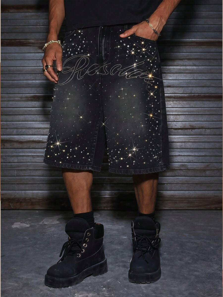 AXEPEAK Men's Black Shorts With Fashionable Rhinestone Embellishments