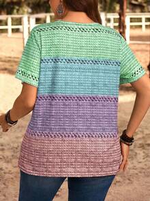 EMERY ROSE Plus Size Women Round Neck Color Block Casual Everyday Short Sleeve T-Shirt - Multicolor - View 2