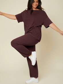 SHEIN BASICS Plus Solid Tee Pants For Summer Formal Holiday Burgundy Casual - Brown - View 6