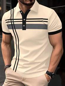 Calvornis 男士拼色短袖四分之一鈕扣工作休閒 Polo 衫，男友禮物，正式場合適用 - 米色 - 查看 6