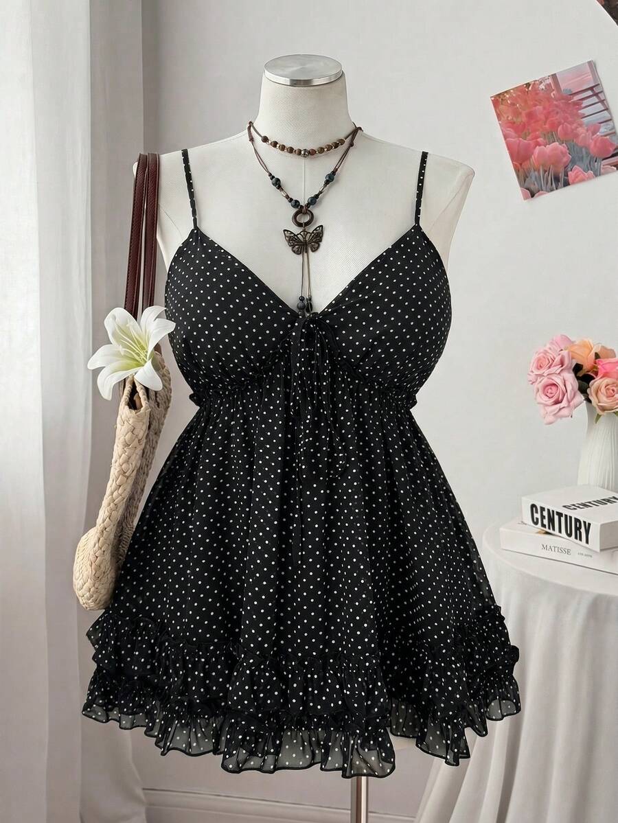 Sweetra Áo hai dây tank top size lớn phong cách Mori casual vải voan in hoa - màu đen - Xem 1