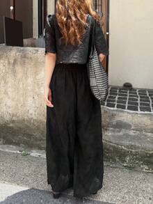 FRIFUL Women's Frill Trim Front Tie Short Sleeve Shirt And Pants 2 Pieces Set Summer Tea Party Day Party Black Romantic Elegant Lounge Sets For Women - Black - View 2