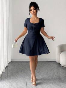Elenzga Plus Size Fitted Slimming Fashion Yellow Jacquard Dress - Blue - View 4