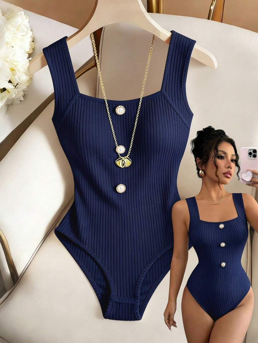 GlowEve Women's Solid Color Button Design Casual Tank Top Bodysuit - Navy Blue - View 1