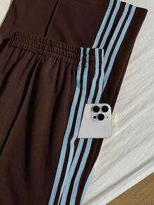 Comfortcana Comfortable Plus Size Green Striped Knit Sweatpants With Drawstring, Suitable For Casual Wear. - Multicolor - View 4