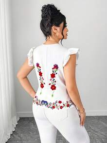 SHEIN Clasi Plus Size Women Floral Print Ruffle Collar Short Sleeve Blouse, Vacation White Summer Boho - Multicolor - View 2