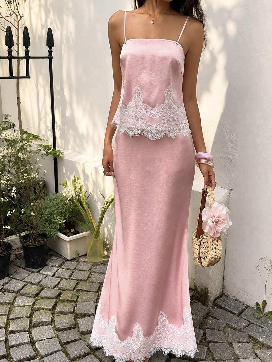 Sunnyshic 女士缎面吊带背心和蕾丝长裙两件套 - 粉色 - 查看 1