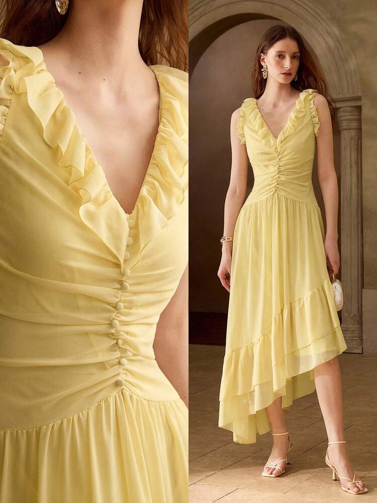 WOMEN'S LIGHT YELLOW RUFFLE HEM MIDI DRESS