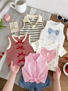 [Random 5Sets, Send 1 Set]Chance Of Getting 1 Set!! Young Girl Round Neck T-Shirt With Bow Decal - White - View 1