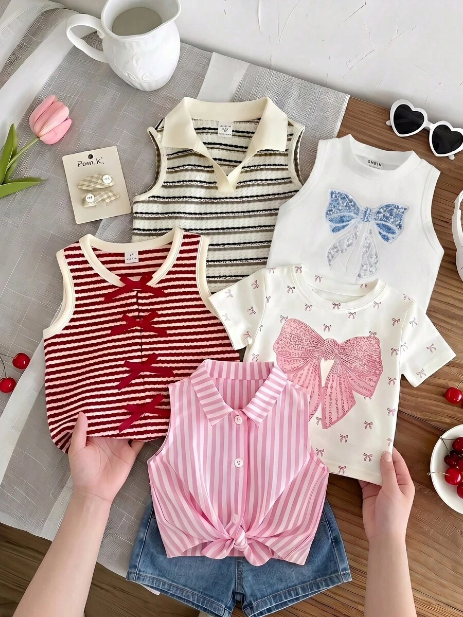 [Random 5Sets, Send 1 Set]Chance Of Getting 1 Set!! Young Girl Round Neck T-Shirt With Bow Decal - White - View 1