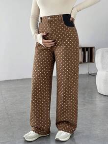 SHEIN Maternity Polka Dot Pocket Button Casual Smart Romantic Loose Fit Formal Gender Reveal Going Out Jeans Fall Festival Party Brown - Blue - View 1