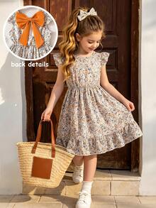 SHEIN Elladie kids 少女優雅淺杏色小碎花圓領荷葉袖露背鏤空貼花3D蝴蝶結收腰荷葉邊休閒可愛時尚洋裝，適合度假旅遊夏季 - 杏色 - 查看 4