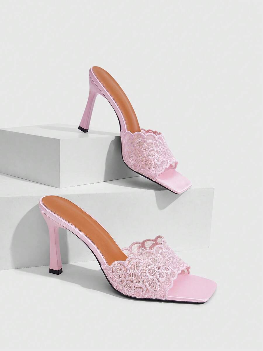 CUCCOO SZL Sexy Pink Square Toe Stiletto High Heels Women's Outer Wear Sandals Mesh Embroidery Open-Toe Summer - Pink - View 1