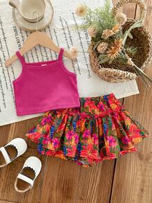 SHEIN LMoss Kids 女嬰針織素色吊帶上衣與碎花短褲兩件套 - 玫紅色 - 查看 4