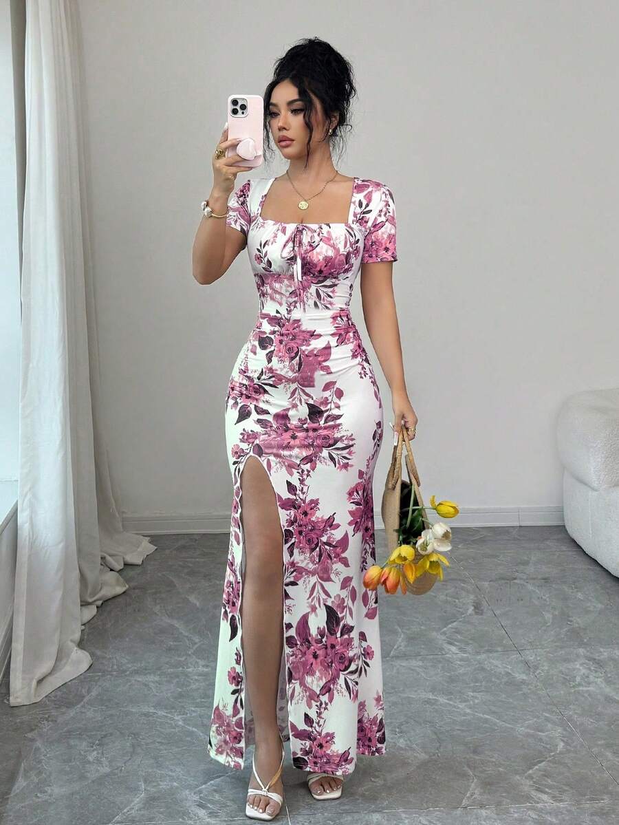 Rafferiza 女士夏季短袖连衣裙,数码印花度假连衣裙,沙滩度假连衣裙,开衩下摆,腰部褶皱长裙 - 粉色 - 查看 1