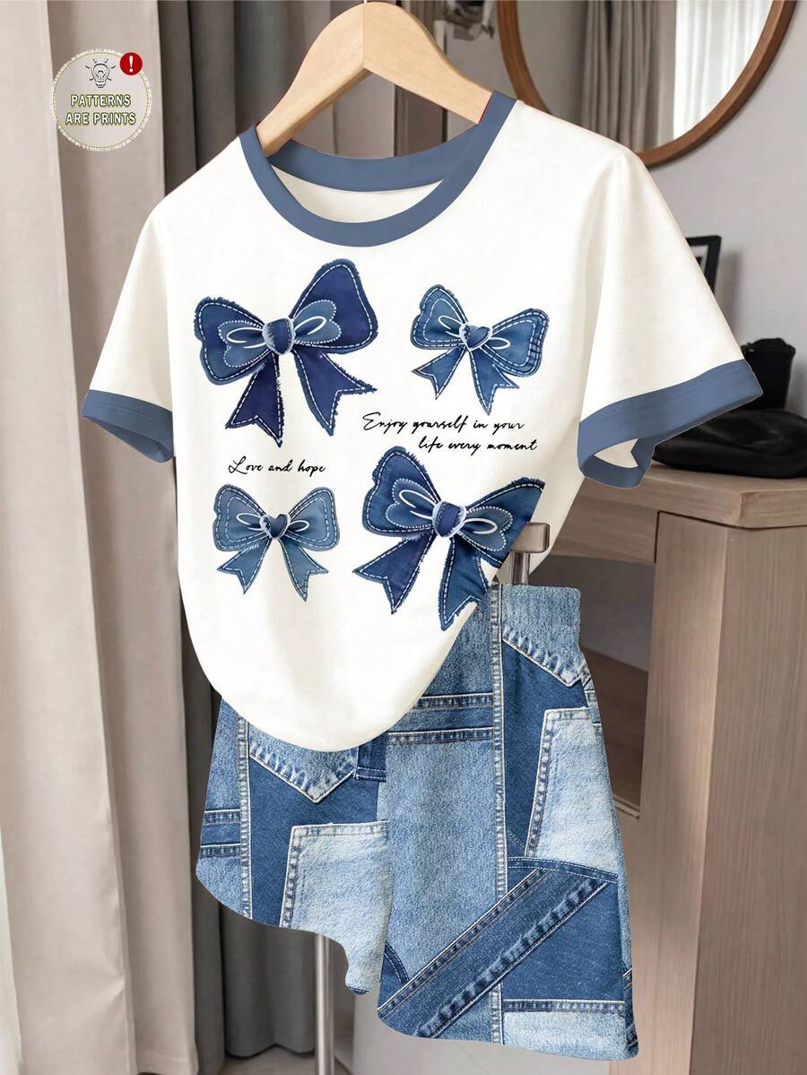 復古可愛甜酷蝴蝶結撞色運動風印花圖案,女嬰極簡休閒寬鬆兩件套 Chill Chill,嬰兒女童圖案,韓系 Y2K,戶外野餐、出遊、街頭風 - 彩色 - 查看 1