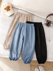 SHEIN LMoss Kids 3 Pieces Set For Young Boys And Girls: Cute, Casual, Versatile, Comfortable, Skin-Friendly, Soft, Solid Color, Elastic Waist, Long Pants. Suitable For Spring, Summer, And Autumn; Suitable For Everyday Wear, Outings, School, Parties, And Holidays. - Multicolor - View 3