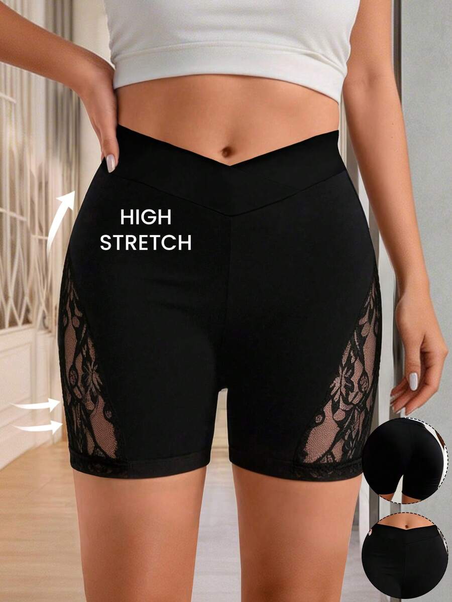 EMERY ROSE Plus Size Lace Patchwork Letter Print Fitted Shorts - Black - View 1