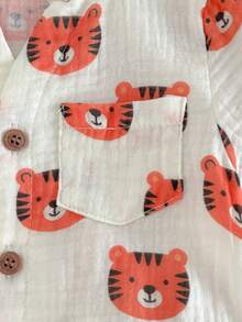 Loomiva Baby Boy Contrast Color Little Tiger Cartoon Pattern Round Neck Short Sleeve Button-Up Top And Elastic Waist Shorts 2-Piece Set - Apricot - View 4