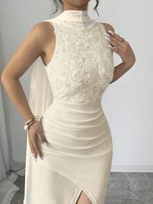 SHEIN Raffinéa فستان نسائي أنيق بدون أكمام مزين بزخارف زهرية ثلاثية الأبعاد وتصميم شريط مع حافة مشقوقة - لون مشمشي - مشاهدة 6