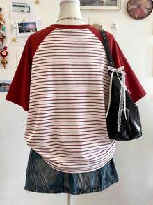 Lalippa Striped Digital Print 2 Styles Fashionable Minimalist Oversized Mid-Length Round Neck Drop Shoulder Women T-Shirt, Gift For Friends - Multicolor - View 2