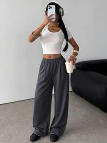 SHEIN Celana Jogging Kasual Longgar Warna Abu-abu Gelap dengan Kantong untuk Remaja Perempuan - Dark Grey - View 5