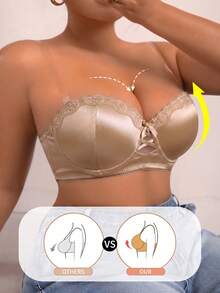SHEIN Women's Plus Size Sexy Hollow-Out Lace Balcony Bra,Beige,Summer,Wedding Smooth Shiny Instantlift Bra With Transparent Straps & Wire-Supported Support - Apricot - View 3