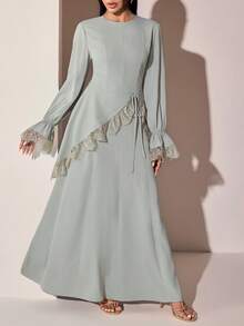Veilorie Women's Elegant Modest Party Day Party Garden Party Lace Patchwork Shawl Ultra Long Dress Light Green Autumn Wedding - Green - View 7