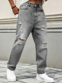 Manfinity LEGND Men's Casual Versatile Daily Wear Jeans With Pocket, Button And Distressed Design - Light Grey - View 4