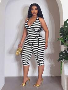 Slaydiva Jumpsuit Wanita Ukuran Plus Tanpa Lengan Model Halter Warna Hijau Alpukat Terbaru Musim Semi/Panas dengan Simpul Ikat, Leher V Dalam, dan Potongan Sebagian, Terbuat dari Kain Rajut Bergaris Elastis Tinggi - Hitam dan Putih - View 9