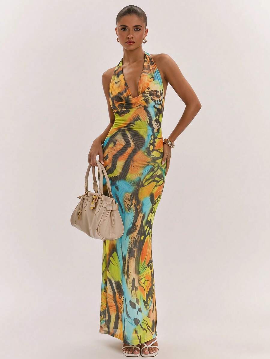 SHEIN BAE Women's Backless Yellow Floral Butterfly Print Mesh Maxi Dress,Draped Neck Beaded Decor Elegant Casual Summer Holiday Vacation Holiday Dress - Yellow - View 1
