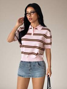 SHEIN PETITE 女款休閒條紋 Polo 領短袖針織上衣，春假外出穿搭可愛學院風短袖上衣，適合嬌小女性 - 粉色 - 查看 2