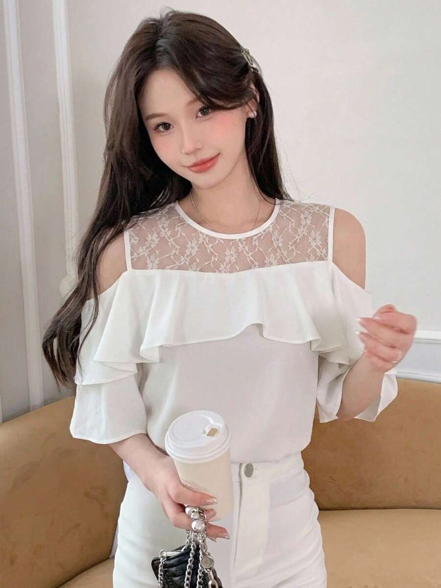 DAZY 女款對比色網紗短袖圓領荷葉邊飾夏季上衣 - 白色 - 查看 1
