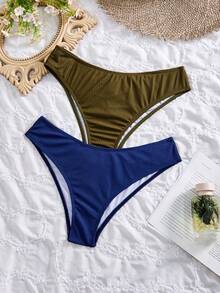 SHEIN 女款螺紋素色性感百搭比基尼套裝 2件組 - 彩色 - 查看 2