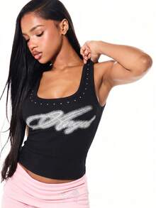 SUMWON WOMEN Angel Rhinestone Scoop Neck Crop Vest Top With Wing Back Embellishment And Script Front Detail - Black - View 1