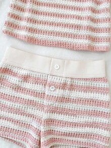 SHEIN Tween女孩針織提花蝴蝶結肩帶背心與短褲套裝 - 粉色 - 查看 4