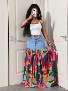 Slaydiva Women's Printed Patchwork Extra Long Denim Skirt - Blue - View 5