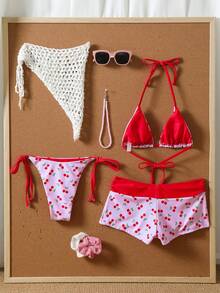 Swim Mod 女款 36SS 春夏新款櫻桃印花 V 領露背三角比基尼套裝，蝴蝶結裝飾，3 件式泳衣，適合海灘、度假、夏季節慶、派對穿搭，櫻桃印花比基尼泳裝，女款 3 件式比基尼套裝，女款海灘度假穿搭，掛脖比基尼上衣搭配泳褲，度假美學比基尼套裝 - 粉色 - 查看 5
