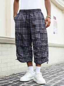 Major Grit Celana Kargo Pria Musim Panas Kasual Fashion Streetwear untuk Perjalanan Sehari-hari Motif Kotak-kotak Pinggang Serut Panjang 3/4 - Baby Blue - View 5