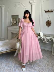Lyrianda Váy mùa hè nữ size lớn phong cách thường ngày đi nghỉ dưỡng lãng mạn họa tiết hoa nhí - Hồng - Xem 4
