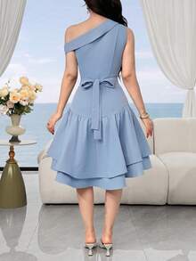 Feyla Women's Elegant Party Solid Color Asymmetric Neckline Midi Dress - Baby Pink - View 8