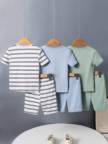 Dozemod Conjunto de Pijama Ajustado Cómodo Minimalista Versátil a Rayas unicolor Cuello Redondo Manga Corta Pantalones Cortos Casual Cómodo Ajustado 2pcs para Niños Jóvenes - Multicolor - Ver 3