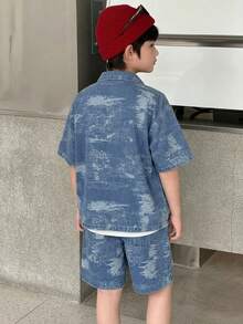 Dazy Kids Textured Design Lapel Shacket + Straight Leg Denim Shorts Casual Cool Tween Boys Denim Set Summer - Medium Wash - View 2
