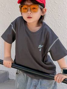DAZY Loose Graphic Print Short Sleeve Casual T-Shirt For Young Boys Summer - Dark Grey - View 4