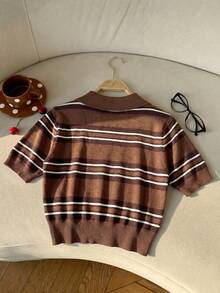 SHEIN EZwear Women's Casual Half-Zip Short Sleeve Striped Knit Sweater, Multi-Color - Multicolor - View 2