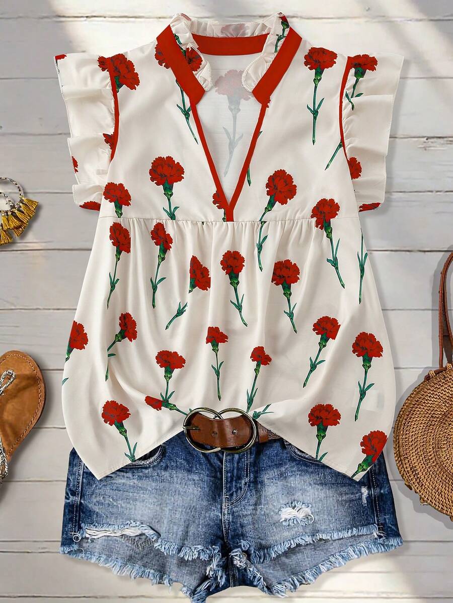 Elenzga Plus Size Women's Casual Alternative Daily Outing Vacation Fitted V-Neck Notch Collar Flutter Sleeve Floral Print Blouse White Summer - Multicolor - View 1